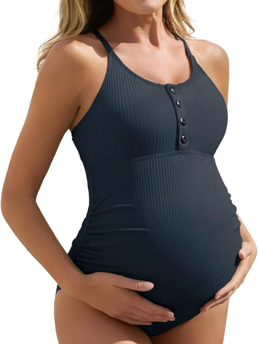 Summer Mae Maternity Swimsuit One Piece Bathing Suit Button Neck Cross Back